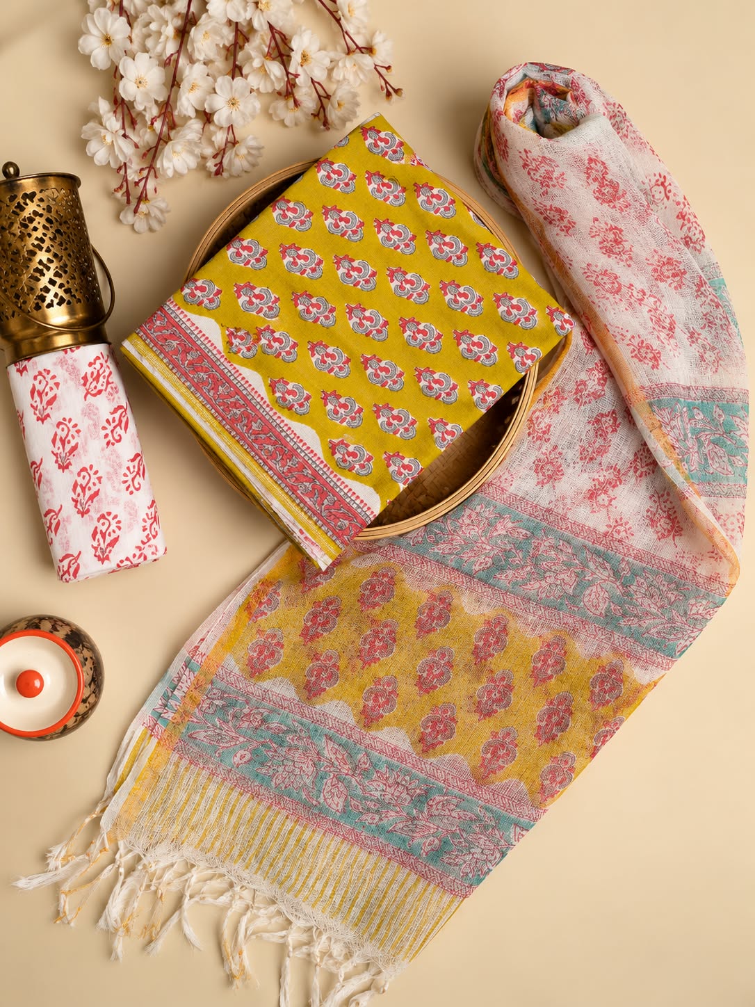 Mustard Yellow & Red Traditional Motif Hand Block Cotton Salwar Suit Set with Kota Doriya Dupatta