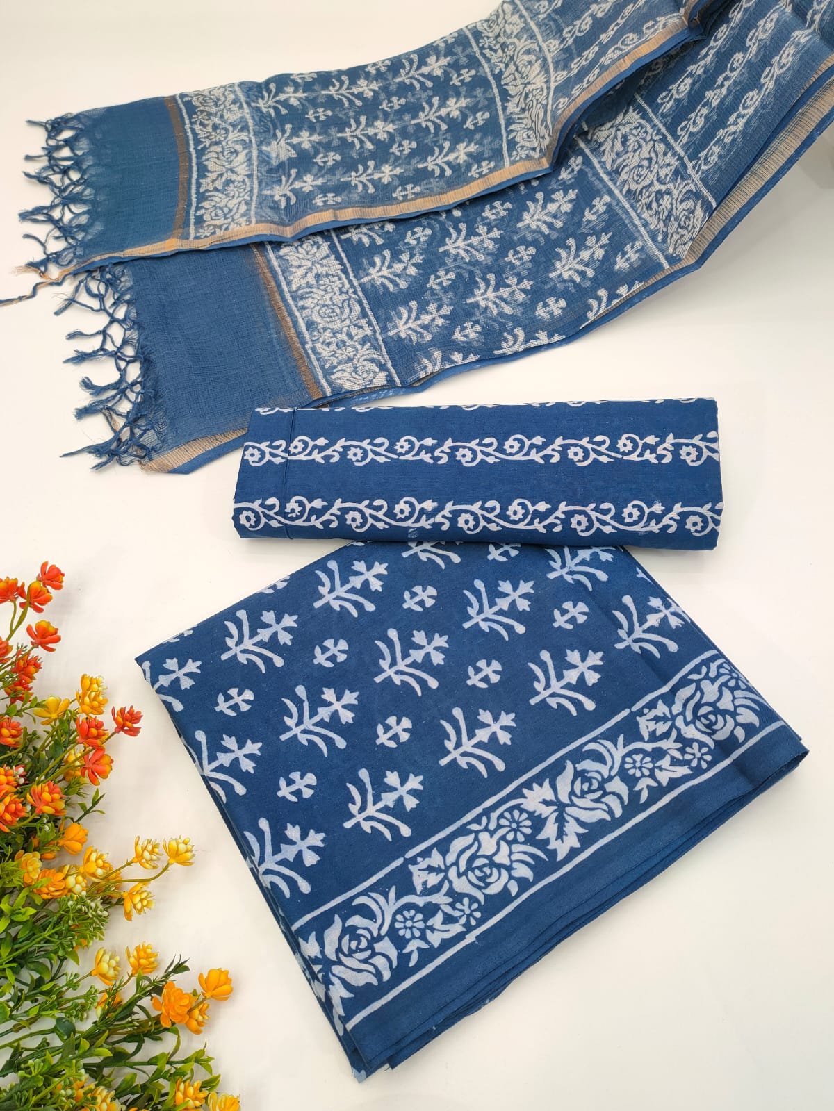 Hand Block Cotton Salwar Suit Set with Kota Doriya Dupatta
