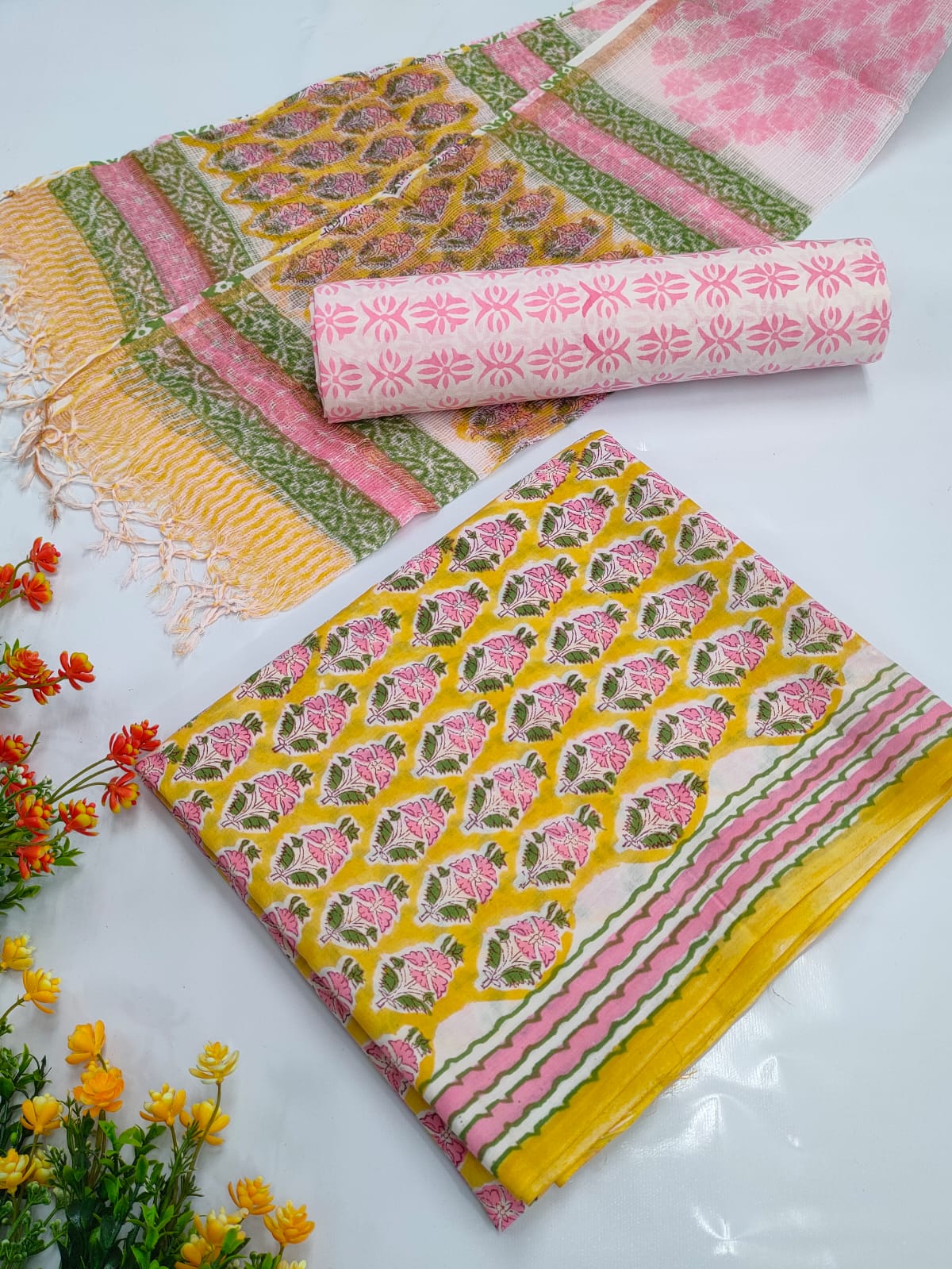 Hand Block Cotton Salwar Suit Set with Kota Doriya Dupatta - TSPSKDVV27
