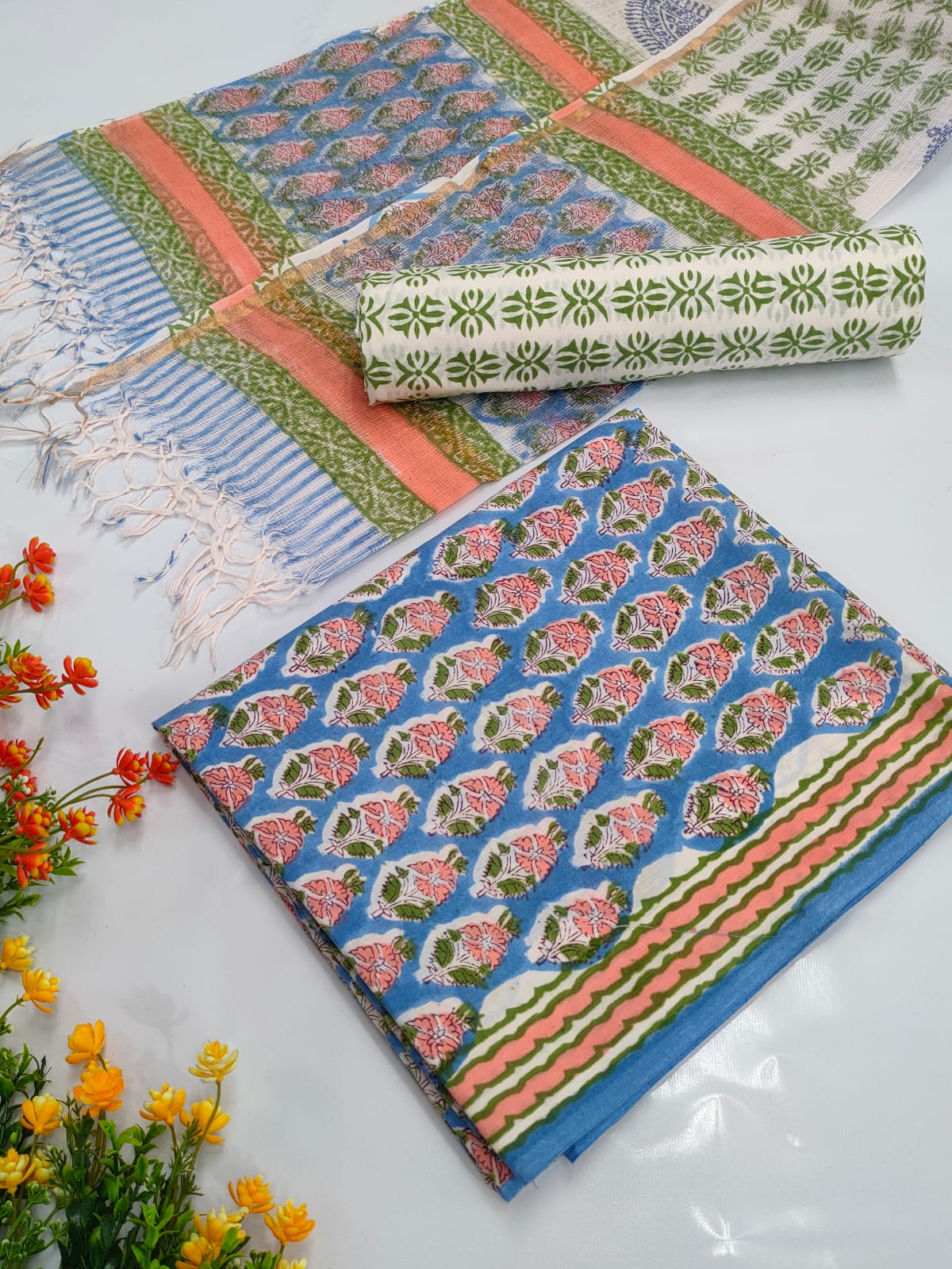 Hand Block Cotton Salwar Suit Set with Kota Doriya Dupatta - TSPSKDVV28