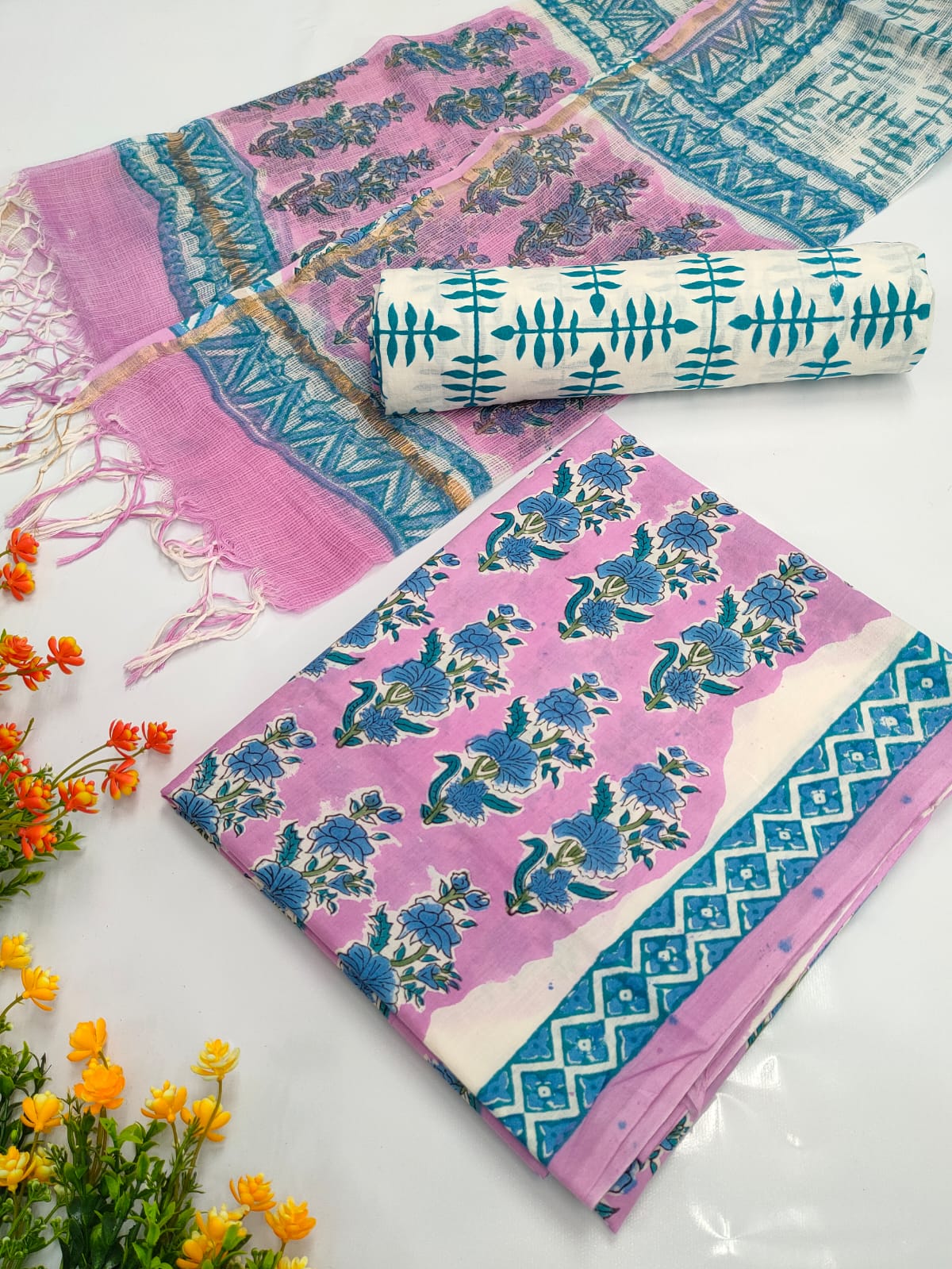 Hand Block Cotton Salwar Suit Set with Kota Doriya Dupatta - TSPSKDVV38