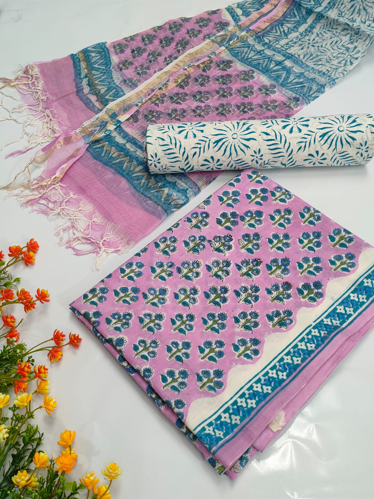 Hand Block Cotton Salwar Suit Set with Kota Doriya Dupatta - TSPSKDVV7