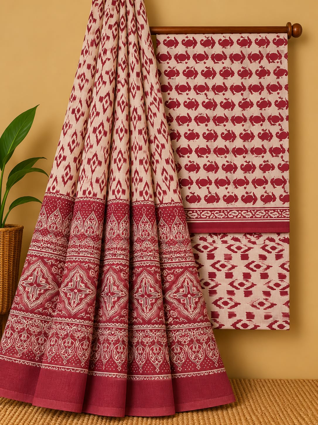Maroon & Off-White Traditional Unstitched Cotton Screen Print Salwar Suit Set with Mul Cotton Dupatta