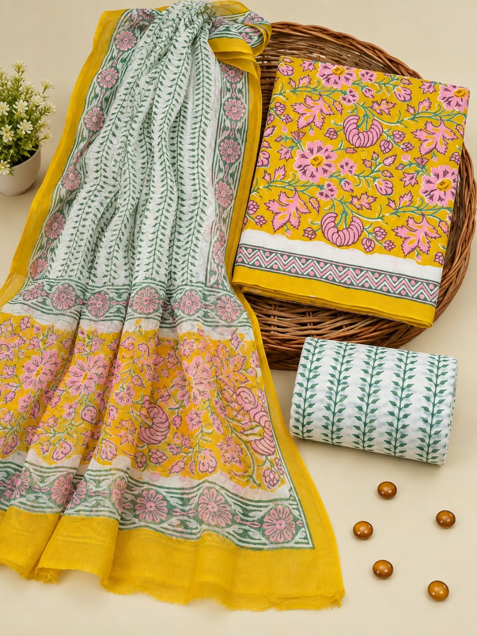 Mustard Yellow & White Floral Jaal Unstitched Cotton Suit Set with Chiffon Dupatta