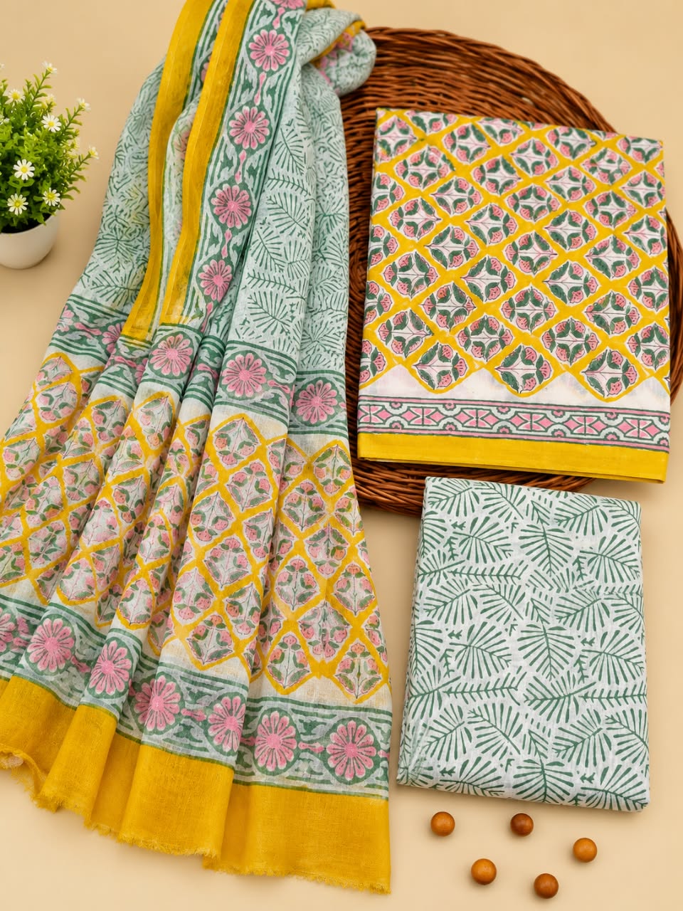 Yellow, Green & White Floral Jaal & Leaf Print Unstitched Cotton Suit Set with Chiffon Dupatta
