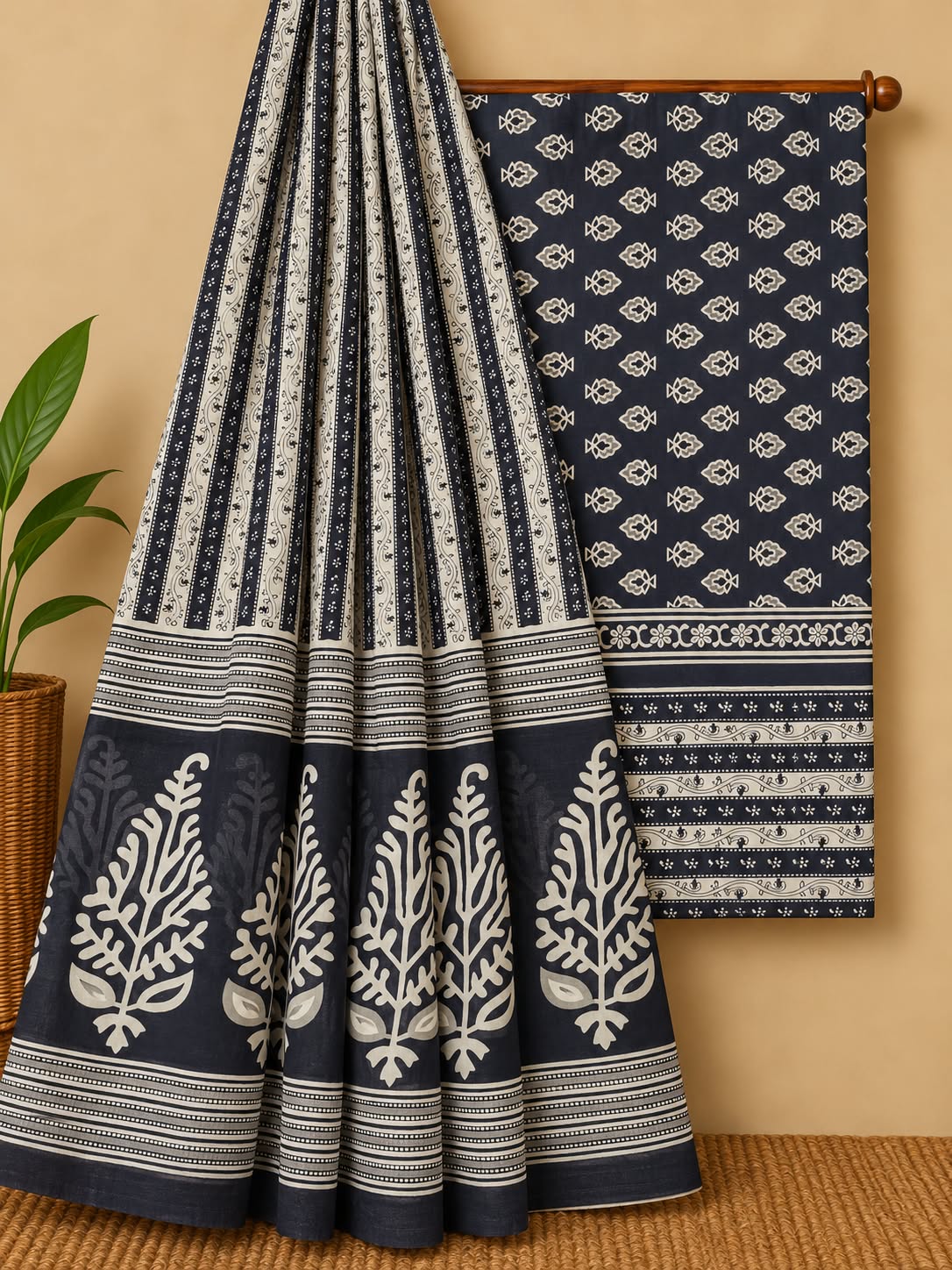 Navy Blue Floral Booti Unstitched Cotton Screen Print Salwar Suit Set with Mul Cotton Dupatta