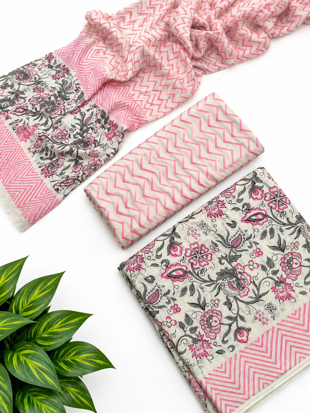 Pink Floral Cotton Suit Set with Chiffon Dupatta