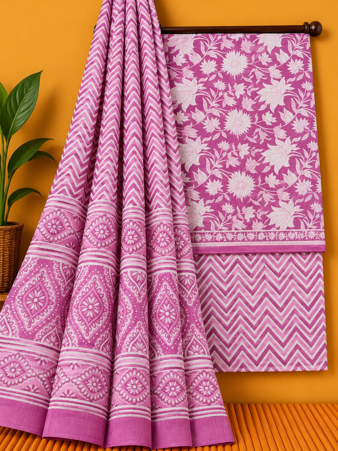 Pink & Off-White Floral Jaal Unstitched Cotton Screen Print Salwar Suit Set with Mul Cotton Dupatta