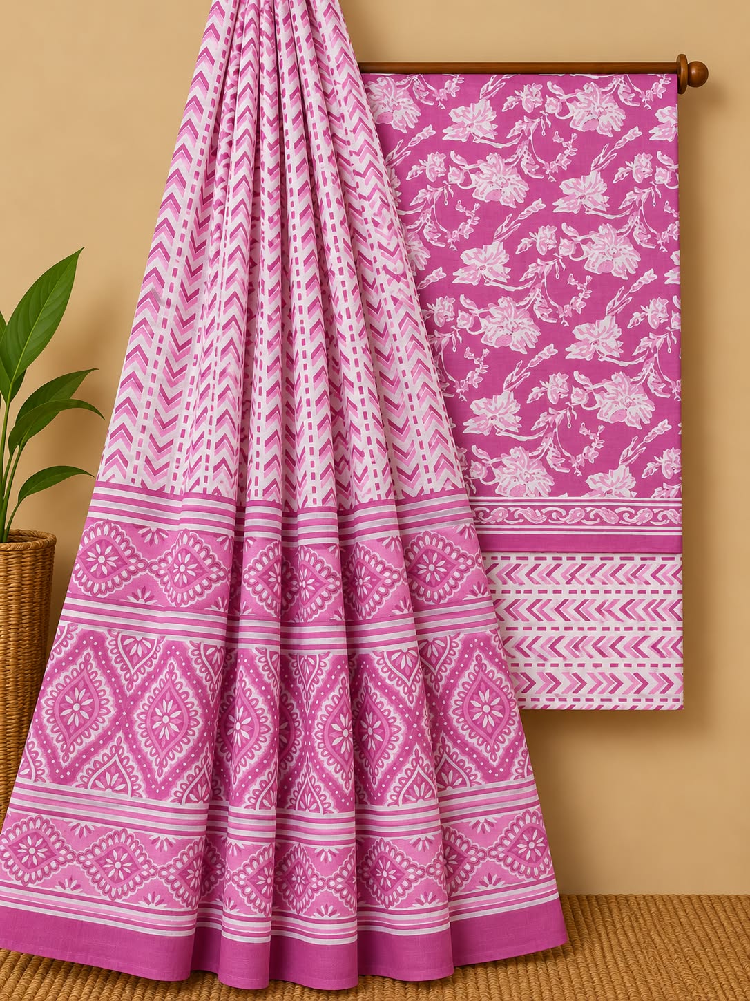 Pink & Off-White Floral Jaal Unstitched Cotton Screen Print Salwar Suit Set with Mul Cotton Dupatta