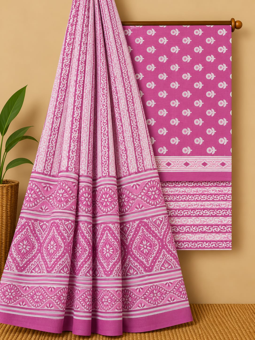 Pink & Off-White Floral Booti Unstitched Cotton Screen Print Salwar Suit Set with Mul Cotton Dupatta