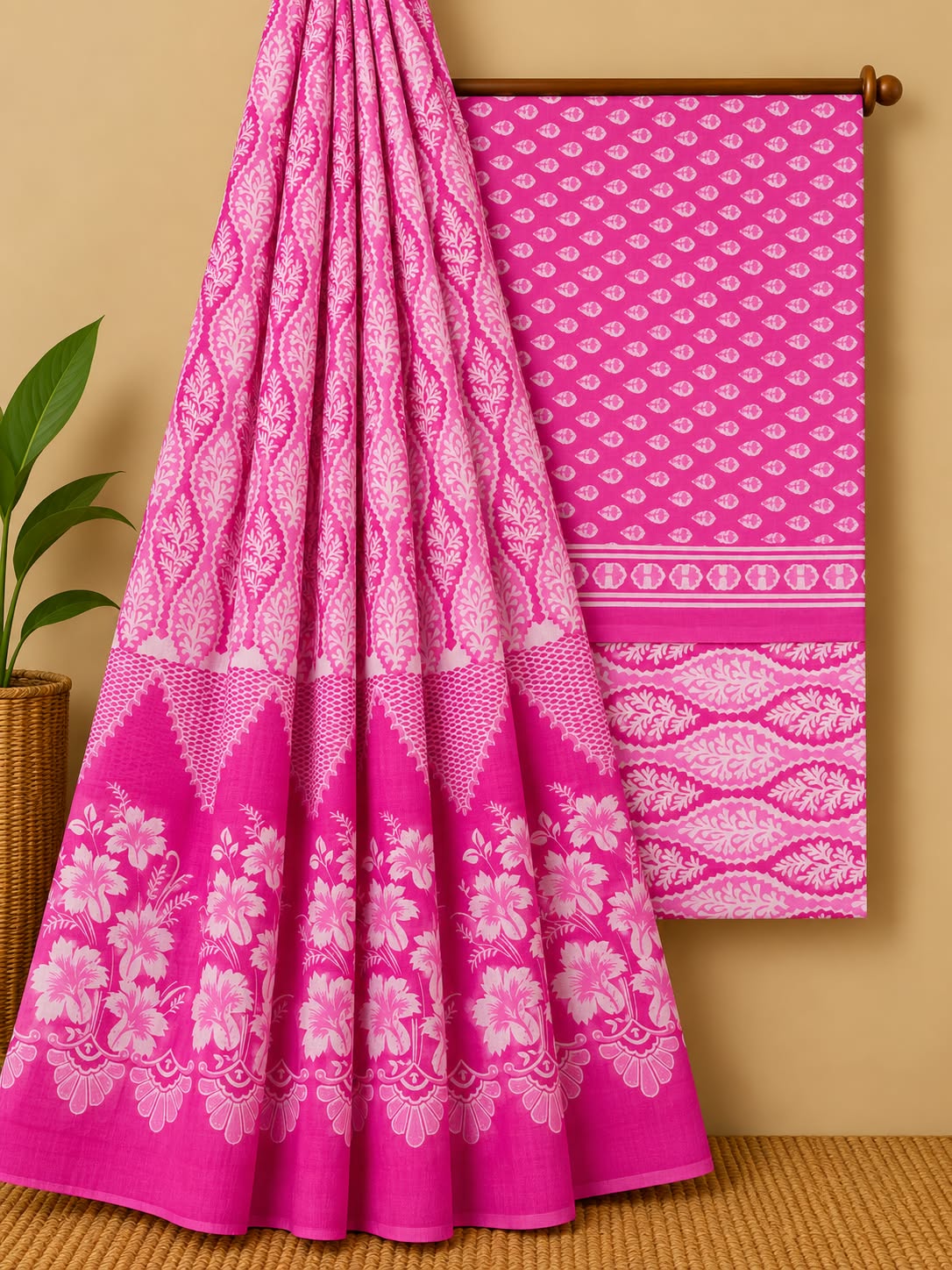 Pink Floral Booti Unstitched Cotton Screen Print Salwar Suit Set with Mul Cotton Dupatta