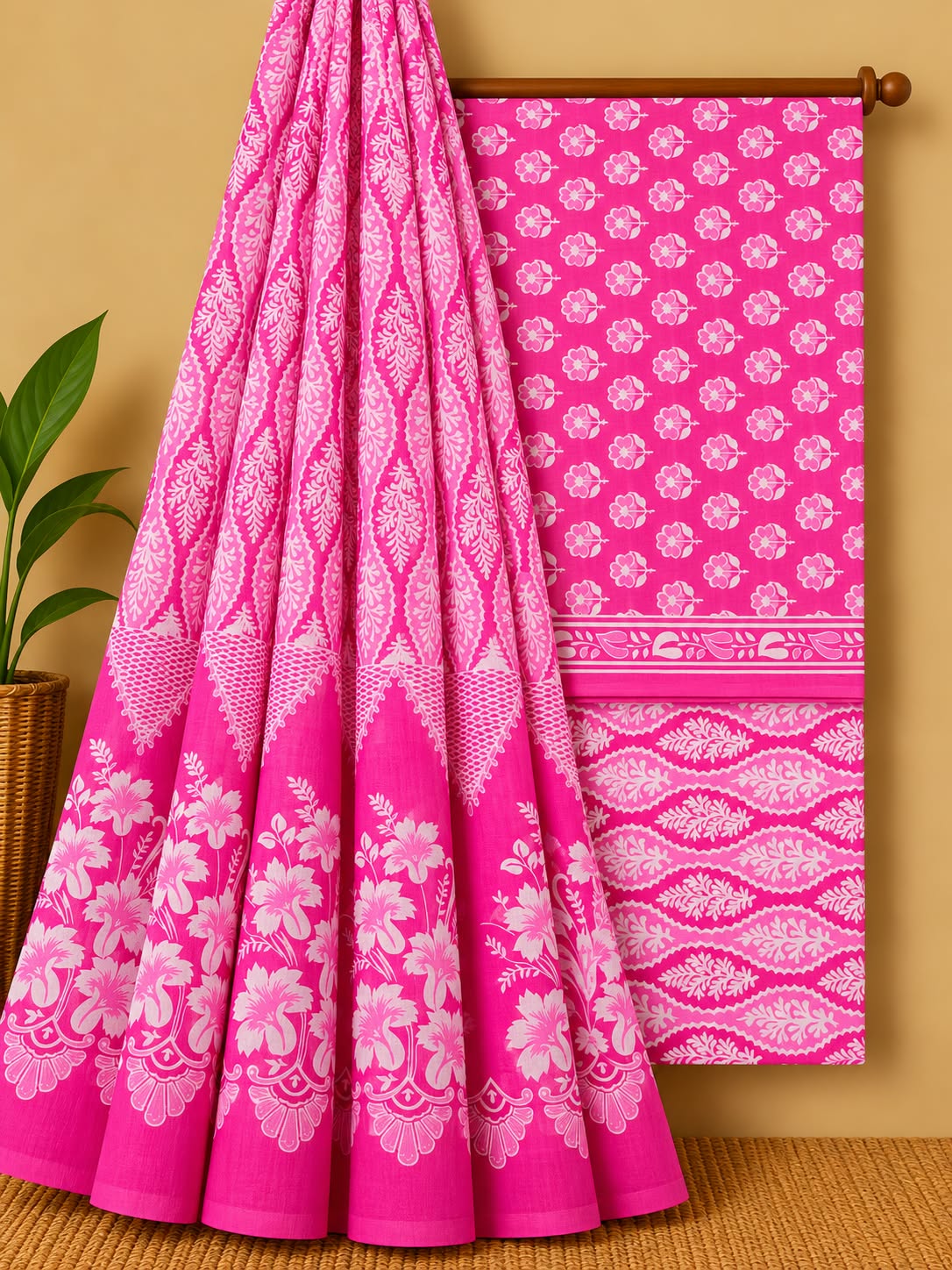 Pink Floral Booti Unstitched Cotton Screen Print Salwar Suit Set with Mul Cotton Dupatta