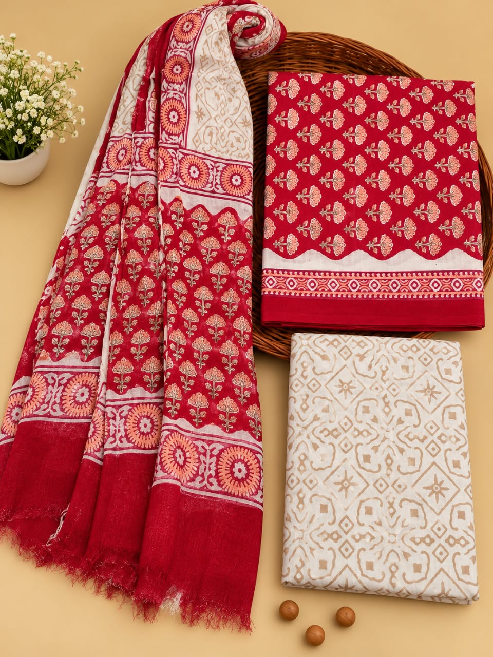 Red & White Floral Booti Unstitched Cotton Suit Set with Chiffon Dupatta