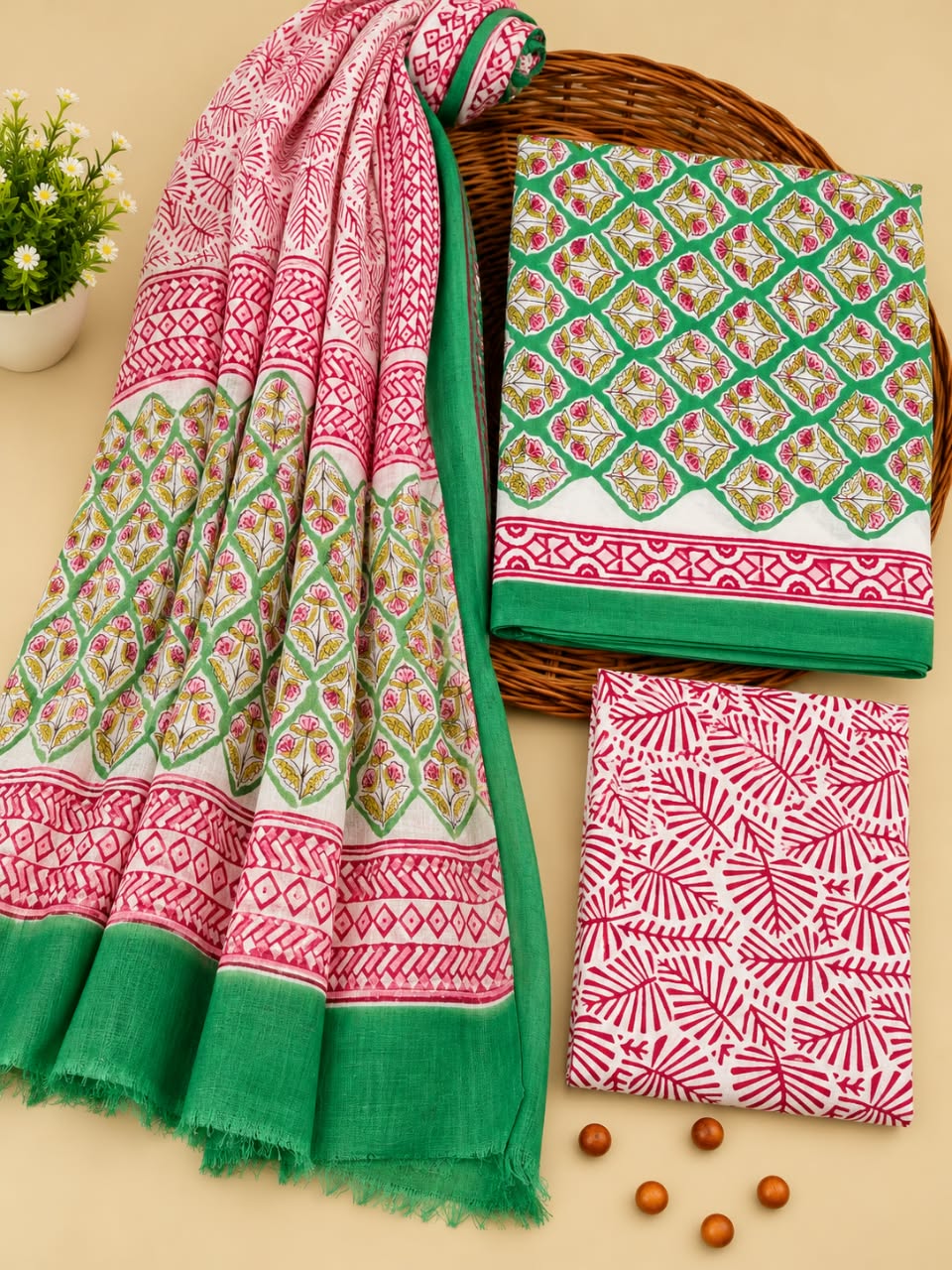 Green & Pink Floral Jaal Unstitched Cotton Suit Set with Chiffon Dupatta