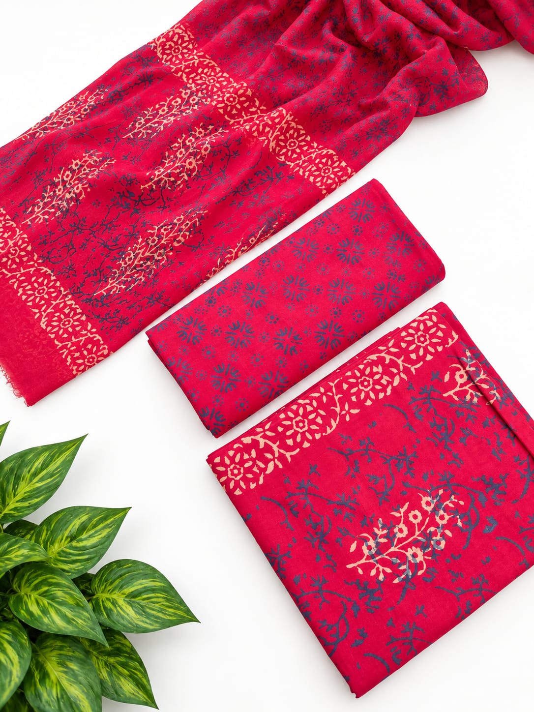 Red Floral Cotton Suit Set with Chiffon Dupatta