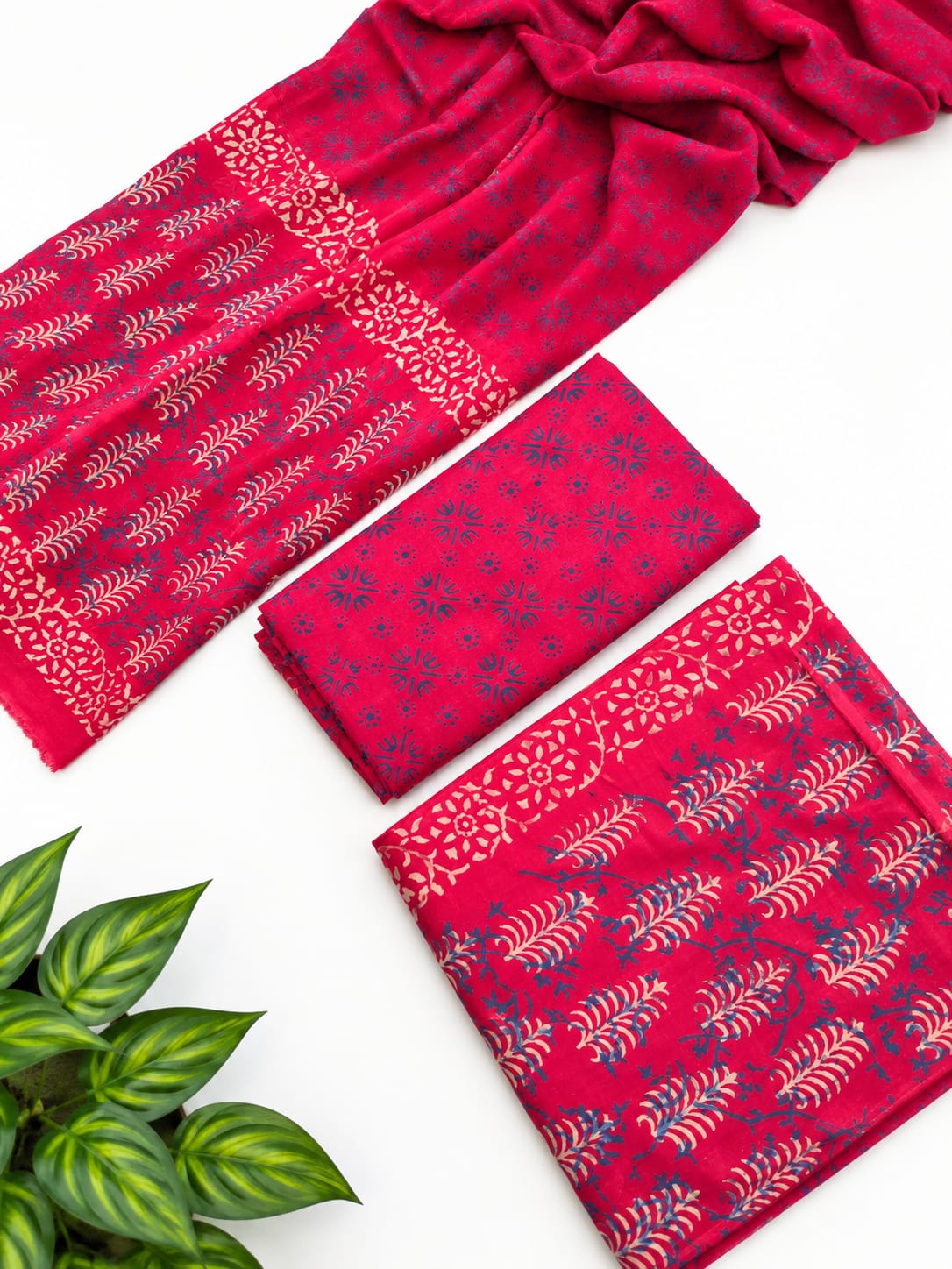 Red Floral Cotton Suit Set with Chiffon Dupatta