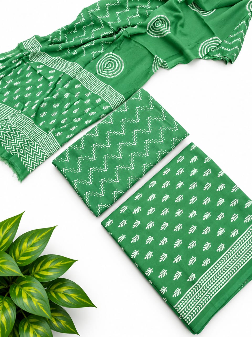 Sage Green Chevron Cotton Suit Set with Chiffon Dupatta