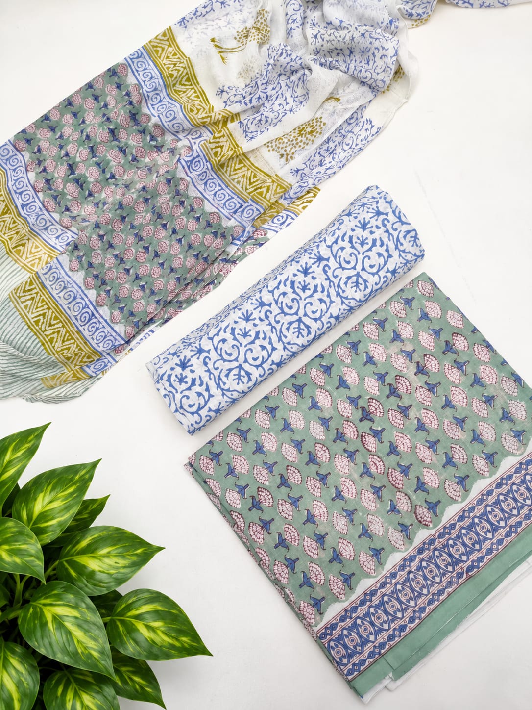 Sage Green Floral Booti Cotton Suit Set with Chiffon Dupatta