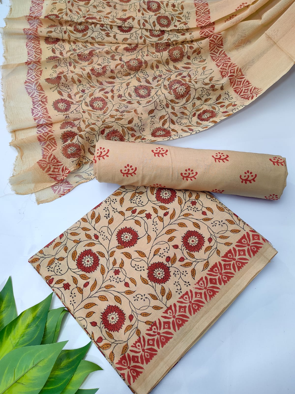 Hand Block Cotton Salwar Suit Set with Chiffon Dupatta - TSPSCFVJA18