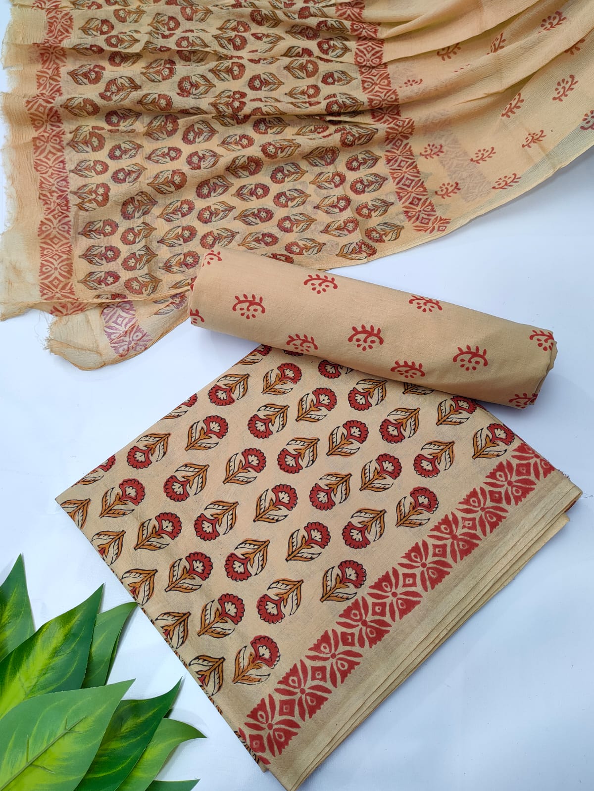 Hand Block Cotton Salwar Suit Set with Chiffon Dupatta - TSPSCFVJA19