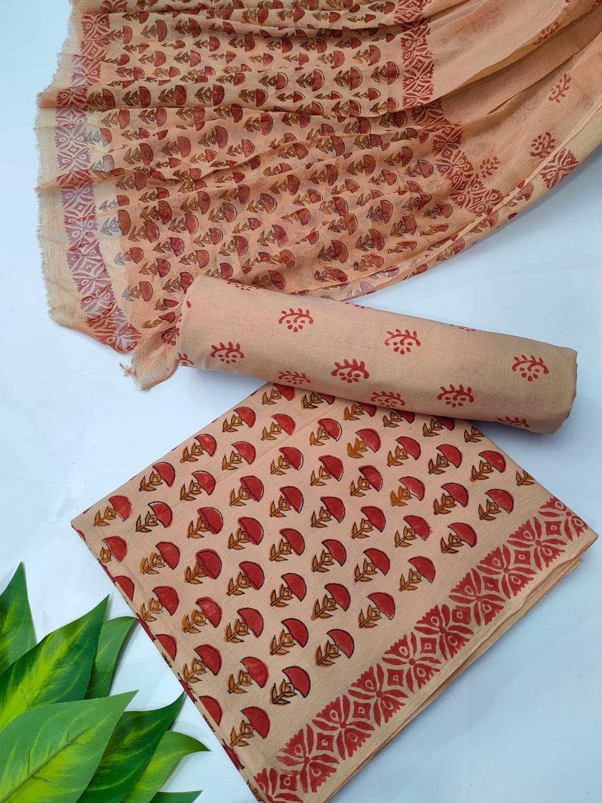 Hand Block Cotton Salwar Suit Set with Chiffon Dupatta - TSPSCFVJA23