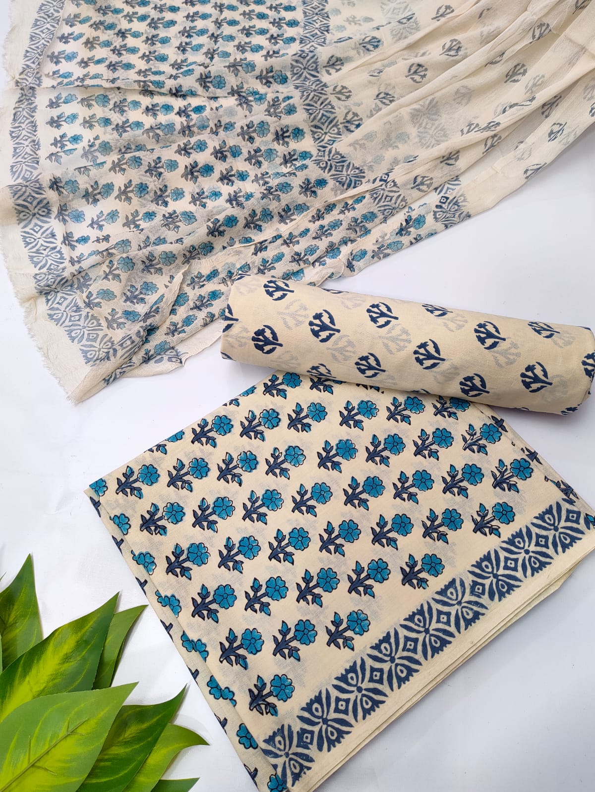 Hand Block Cotton Salwar Suit Set with Chiffon Dupatta - TSPSCFVJA29