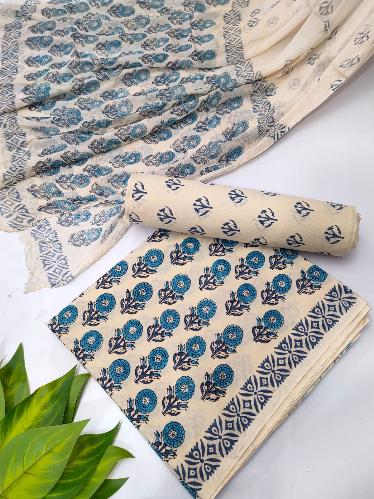 Hand Block Cotton Salwar Suit Set with Chiffon Dupatta - TSPSCFVJA30