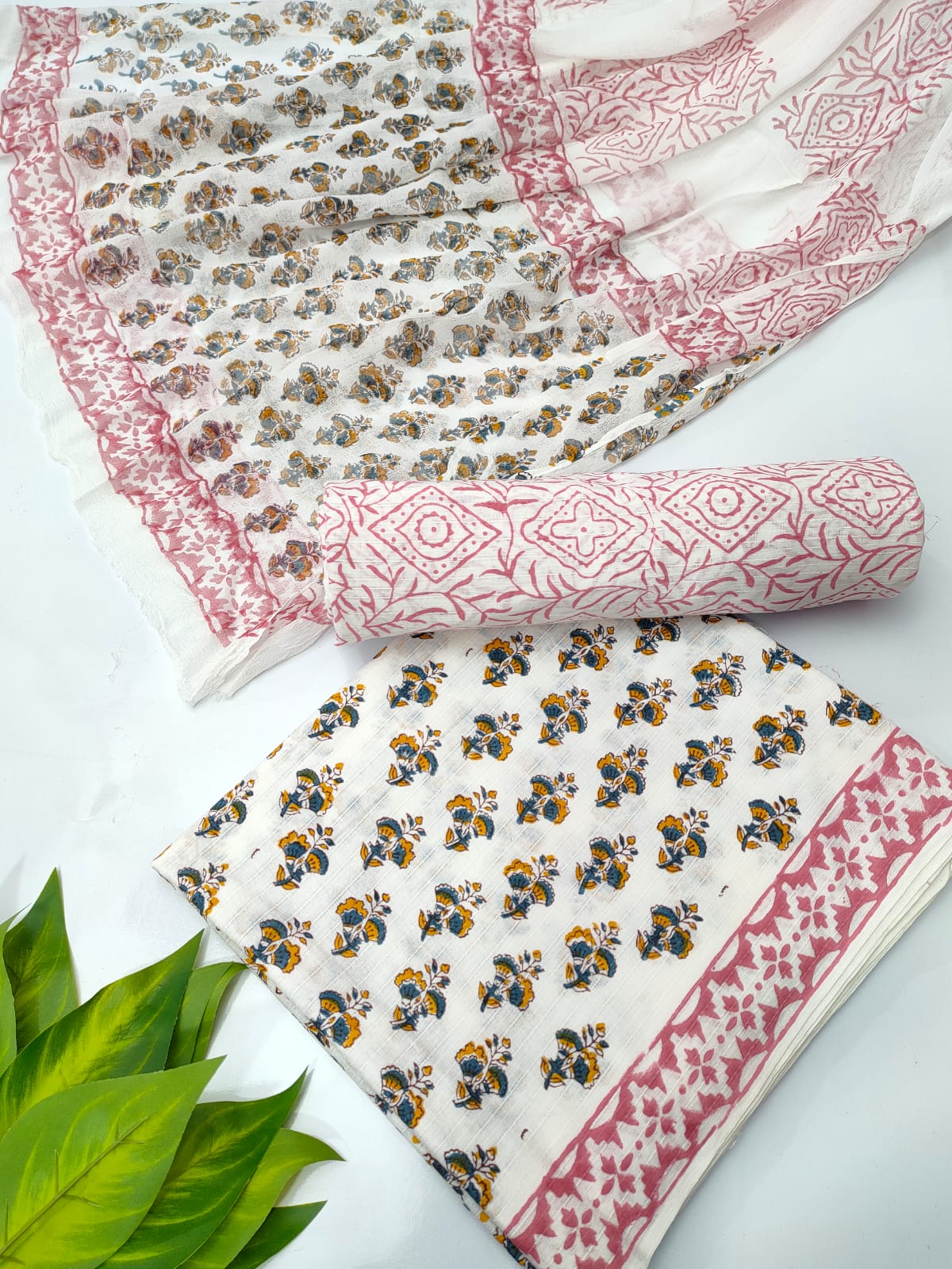Hand Block Cotton Salwar Suit Set with Chiffon Dupatta - TSPSCFVJA33