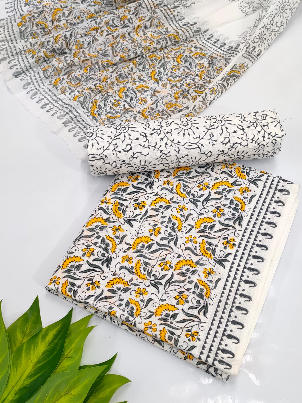 Hand Block Cotton Salwar Suit Set with Chiffon Dupatta - TSPSCFVJA34