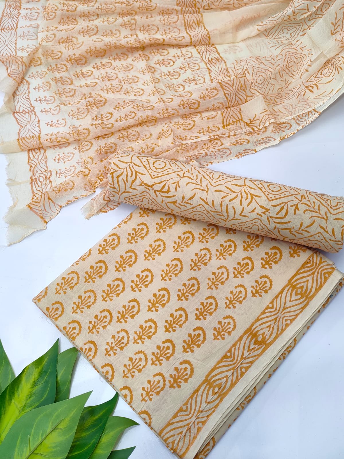 Hand Block Cotton Salwar Suit Set with Chiffon Dupatta - TSPSCFVJA5