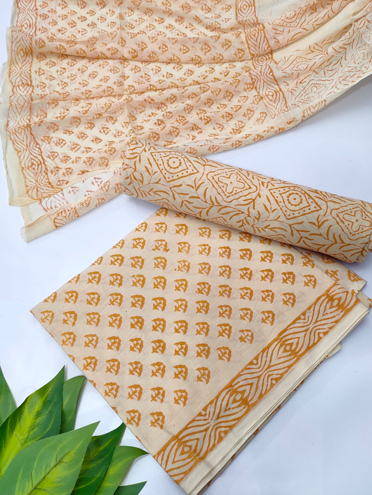 Hand Block Cotton Salwar Suit Set with Chiffon Dupatta - TSPSCFVJA6