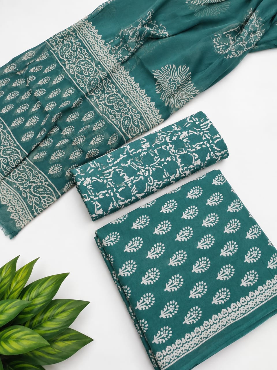 Teal Floral Booti Cotton Suit Set with Chiffon Dupatta