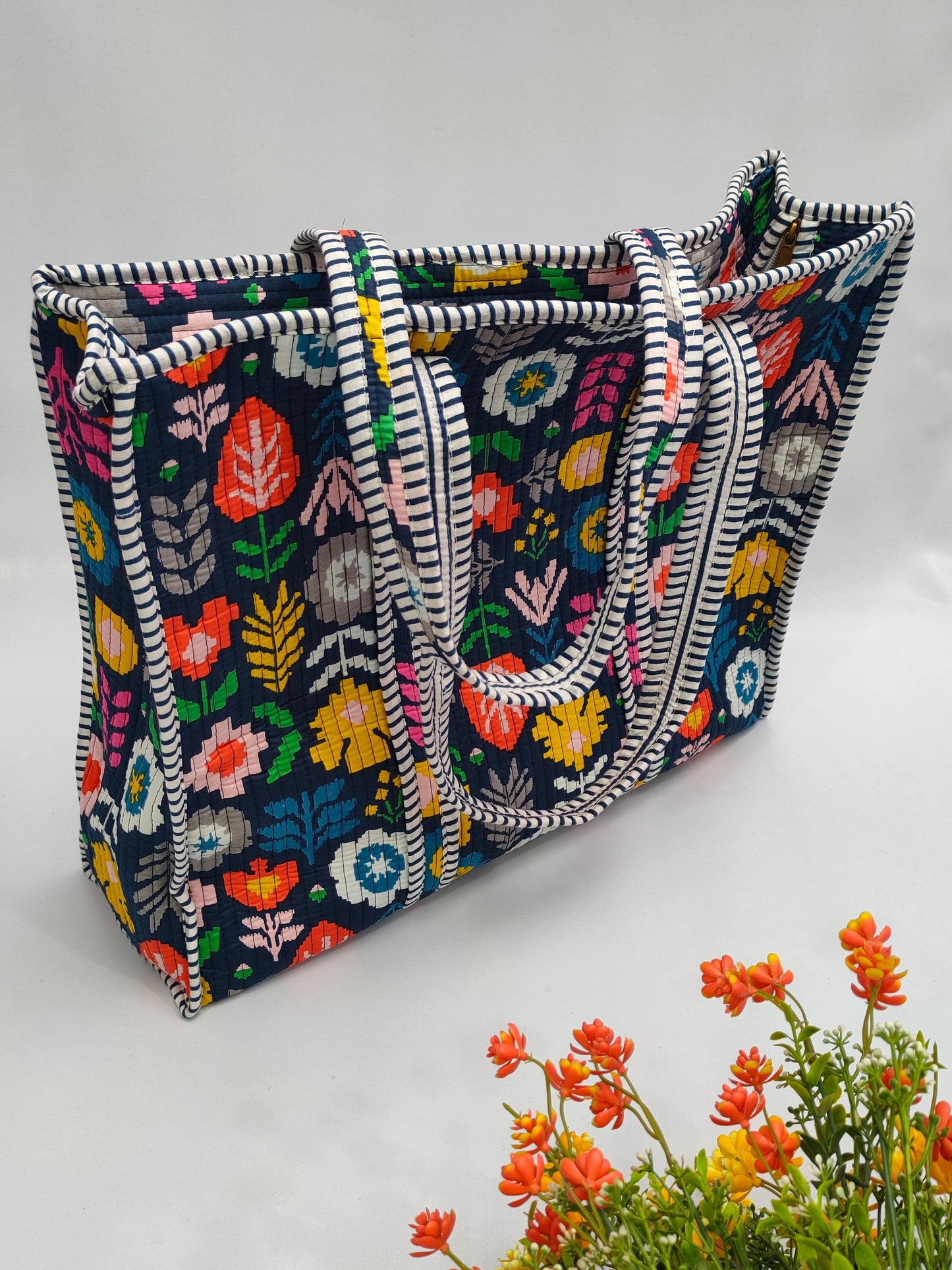 Quilted Tote Bag with zipper - 17x18x 6 inches