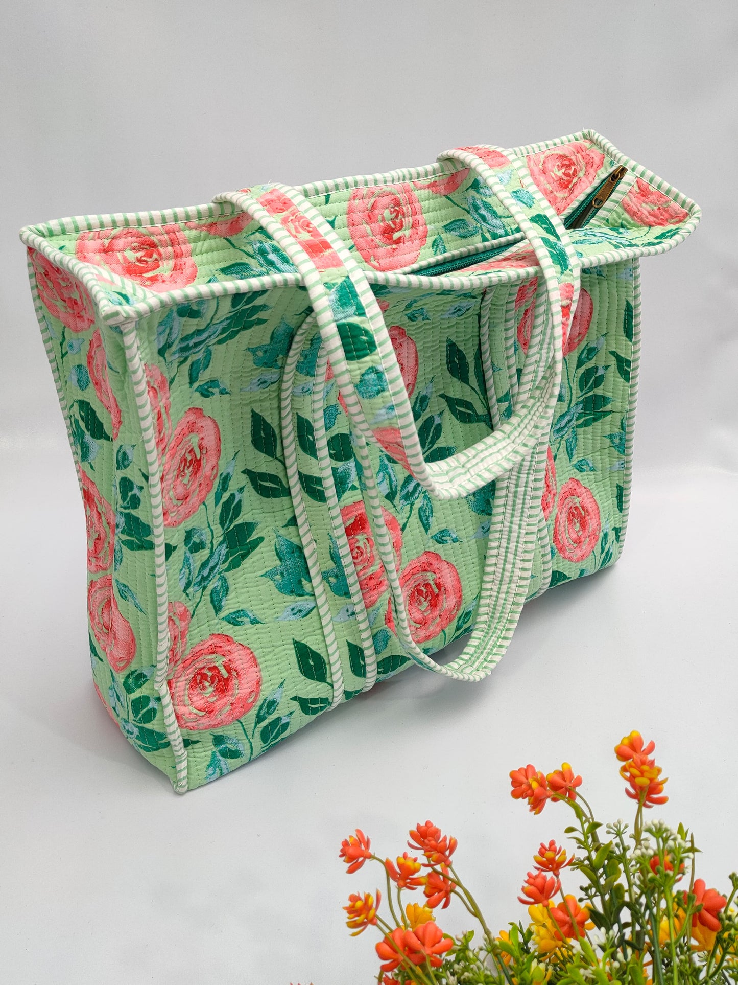 Quilted Tote Bag with zipper - 17x18x 6 inches