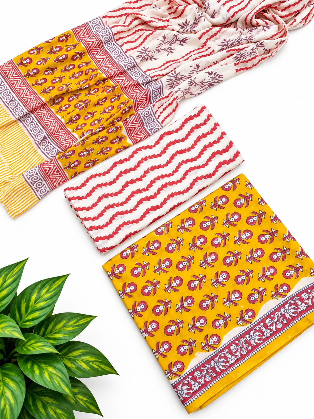 Yellow Floral Booti Cotton Suit Set with Chiffon Dupatta