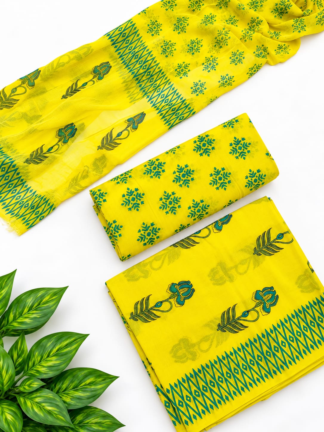 Yellow Floral Booti Cotton Suit Set with Chiffon Dupatta