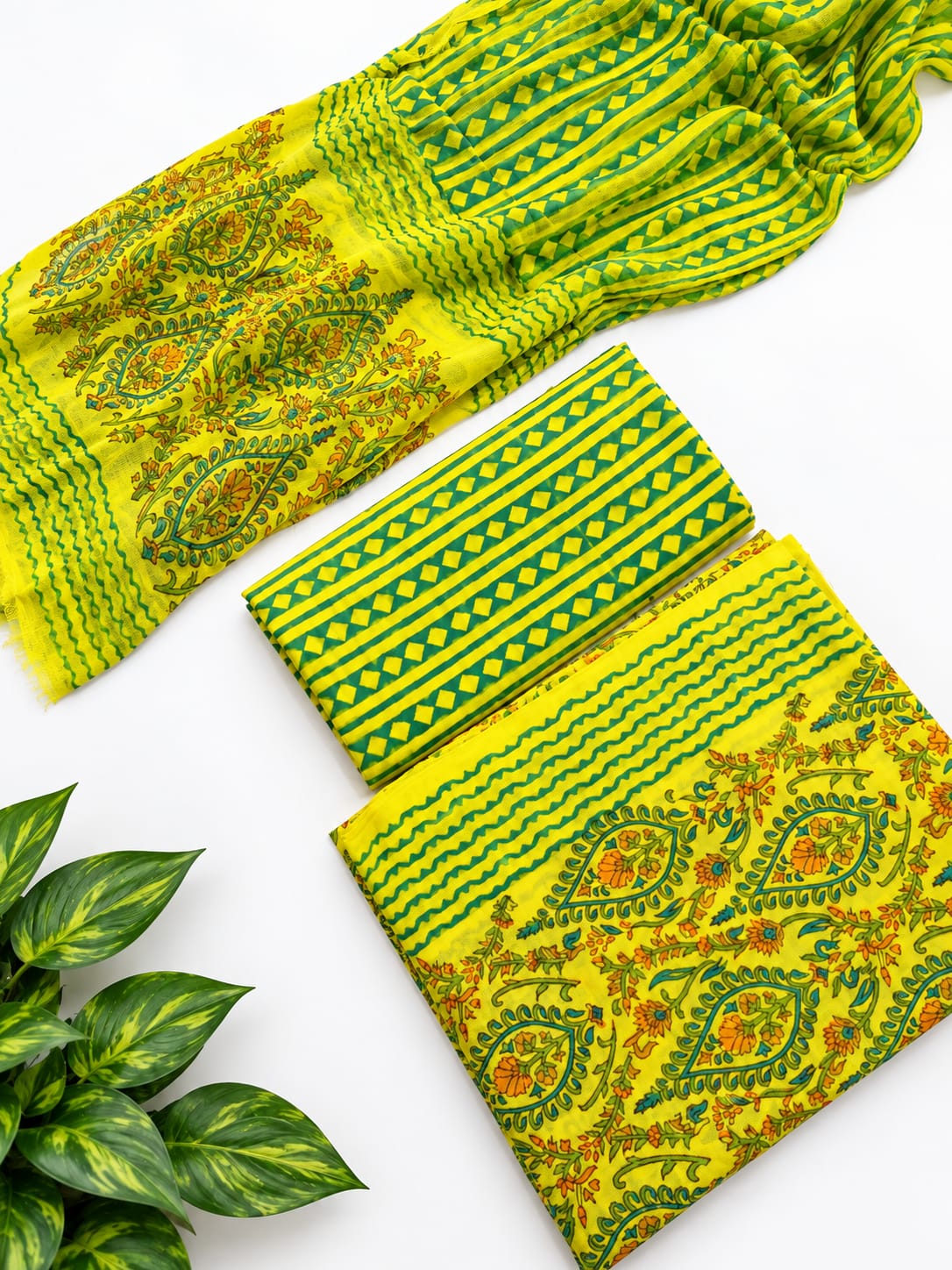 Yellow Paisley Cotton Suit Set with Chiffon Dupatta