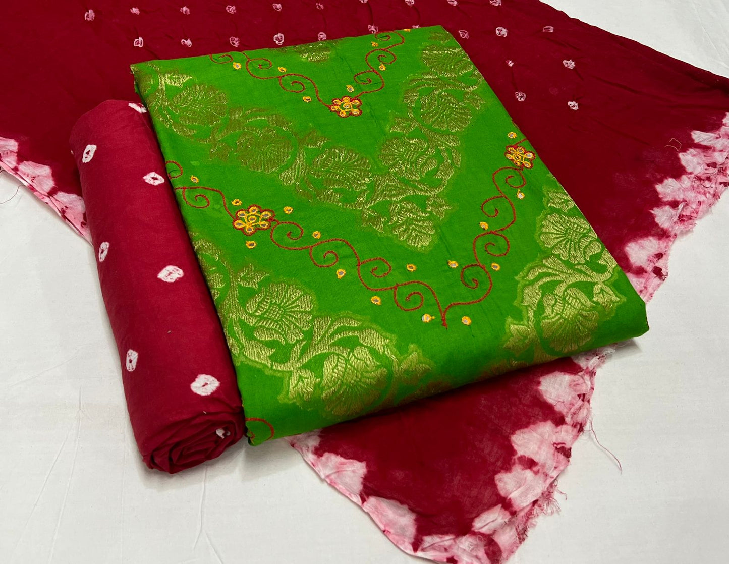 Hand Work Bandhani Cotton Suit Set with Cotton Dupatta