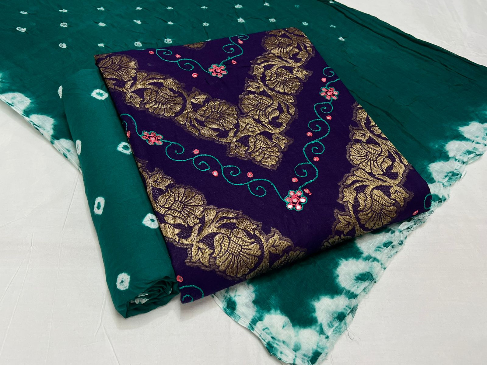 Pink Bandhani Cotton Unstitched Suit with Bandhani Chiffon Dupatta & Gota Patti Work