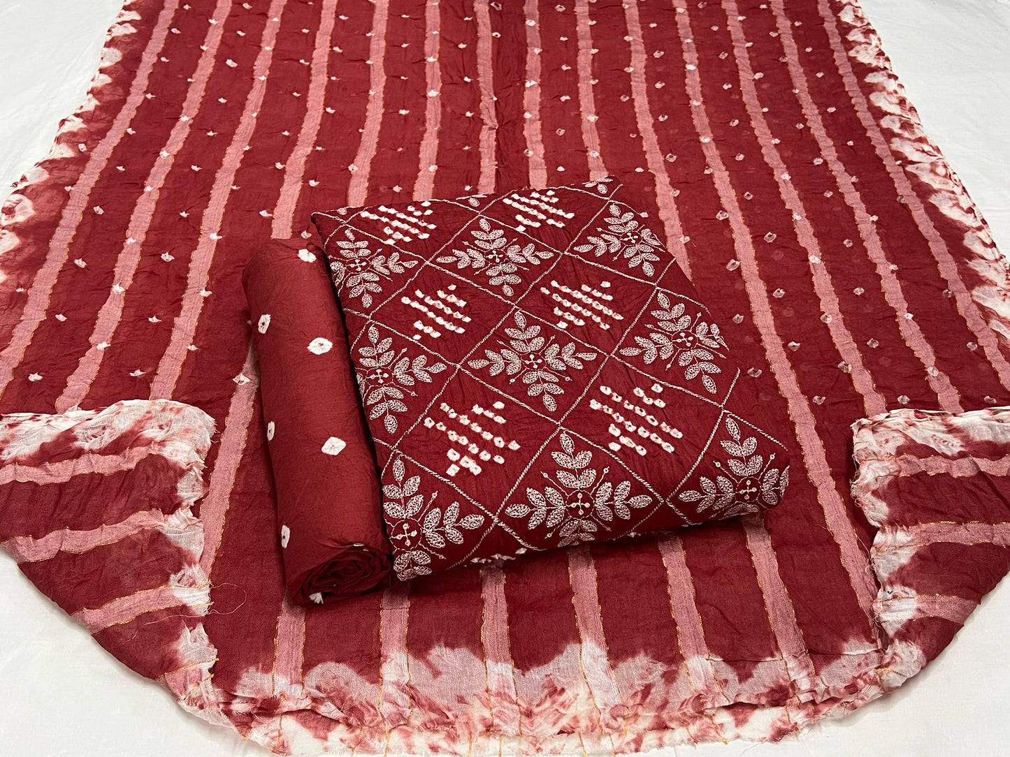 Embroidered Bandhani Cotton Suit Set with Cotton Dupatta