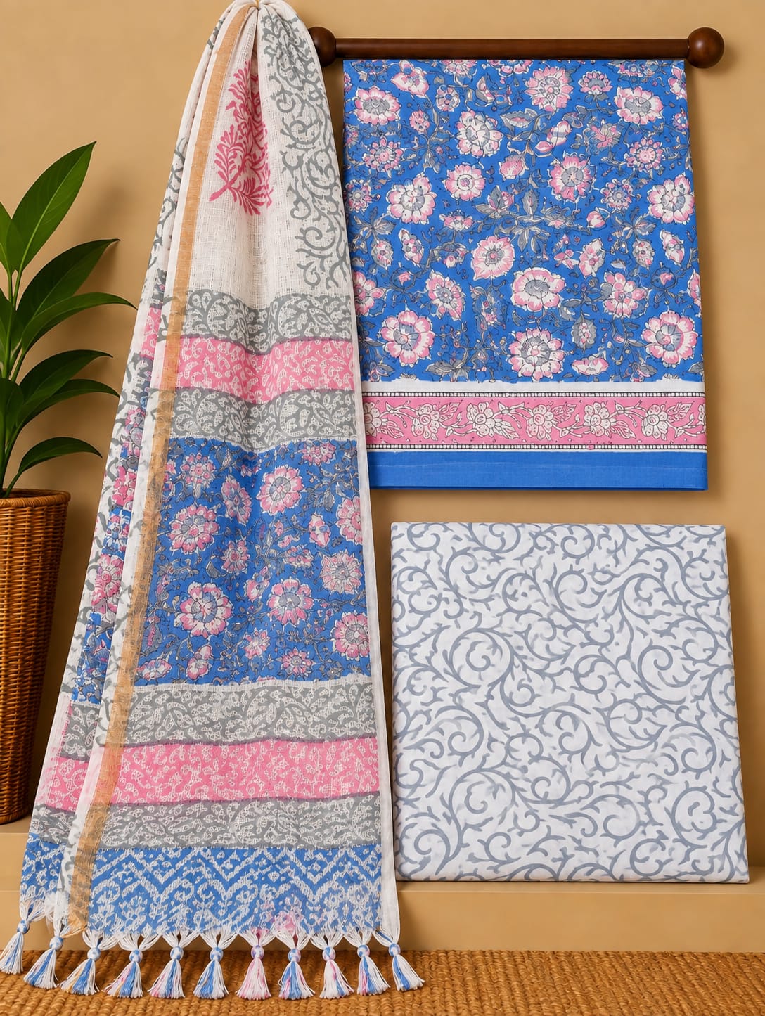 Blue Floral Jaal Cotton Suit Set with Kota Doria Dupatta