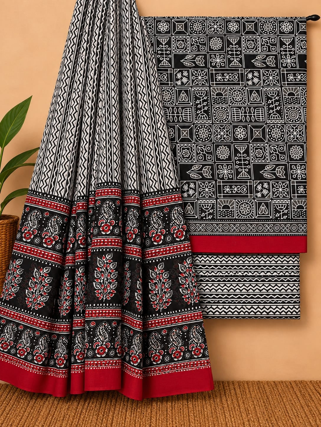 Black, White & Red - Traditional Print - Cotton screen print salwar suit set with cotton dupatta