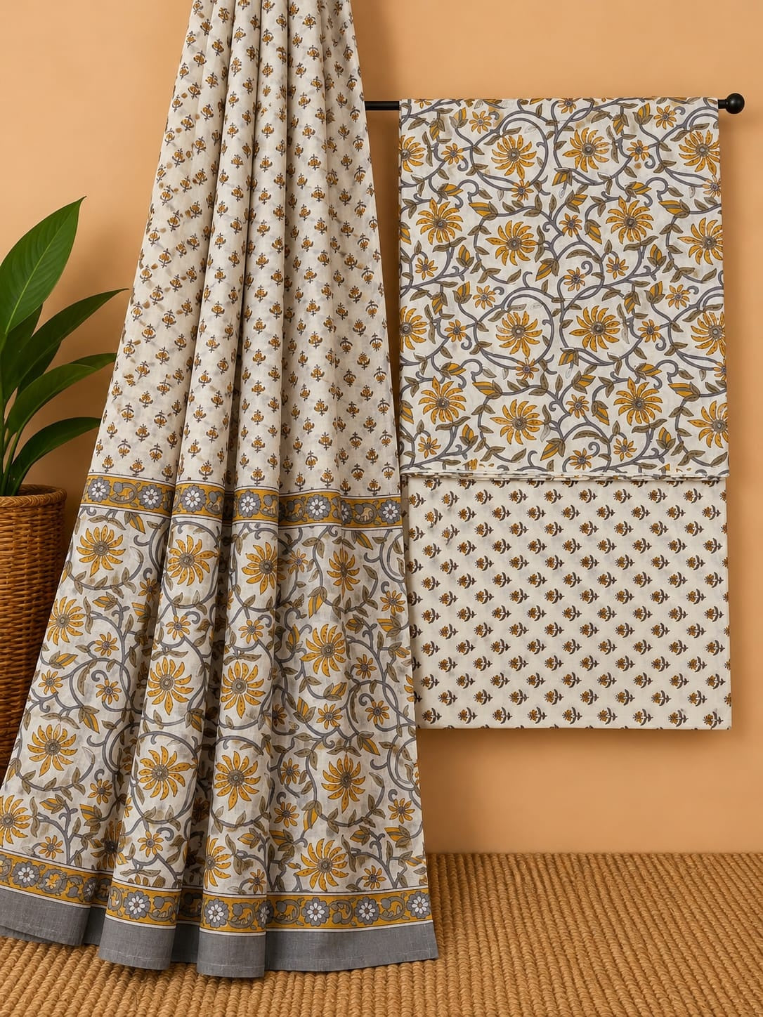 Mustard Yellow & Off-White - Floral Jaal - Cotton screen print salwar suit set with cotton dupatta