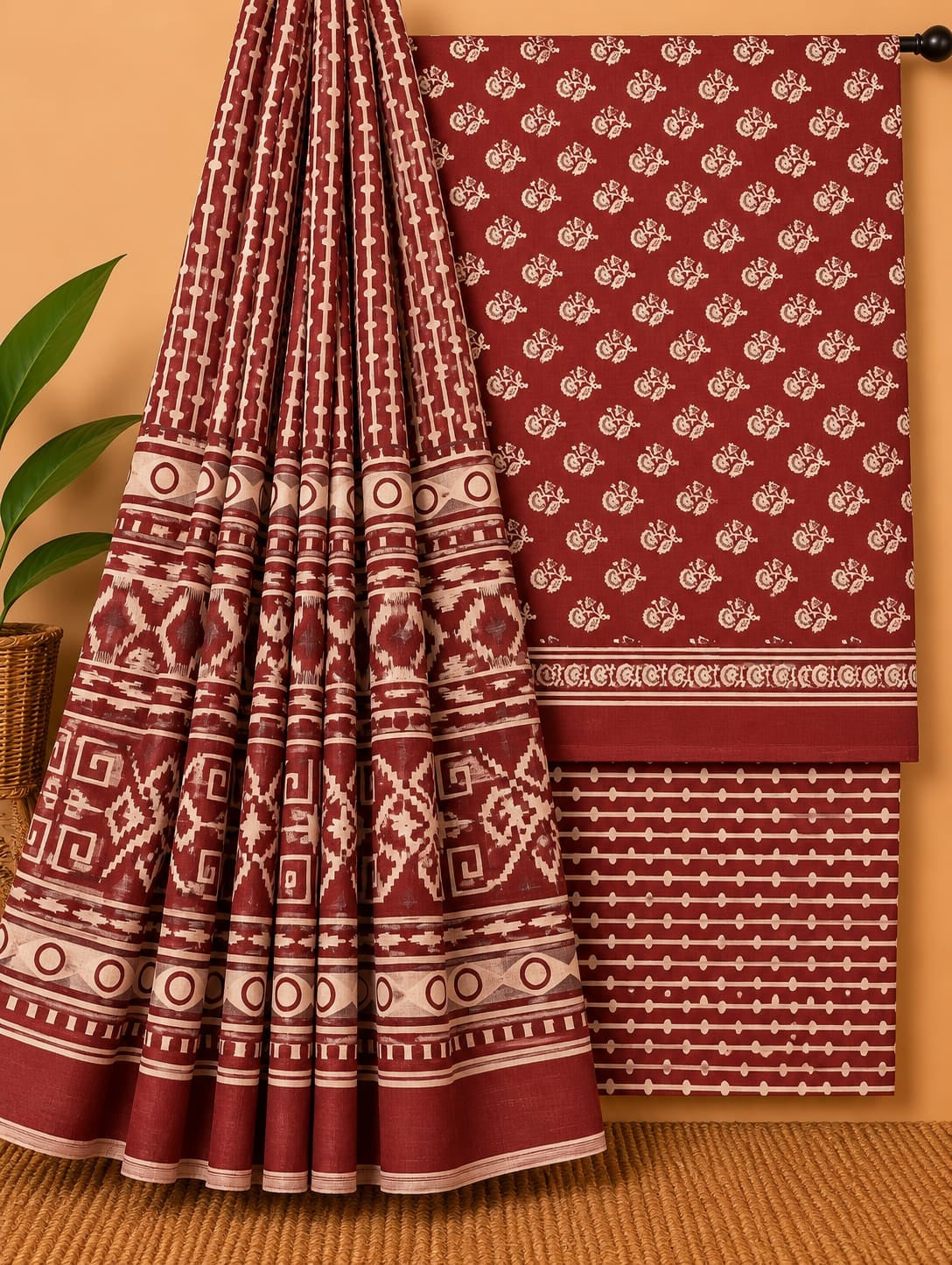 Maroon & Off-White Floral Booti Unstitched Cotton Screen Print Salwar Suit Set with Mul Cotton Dupatta