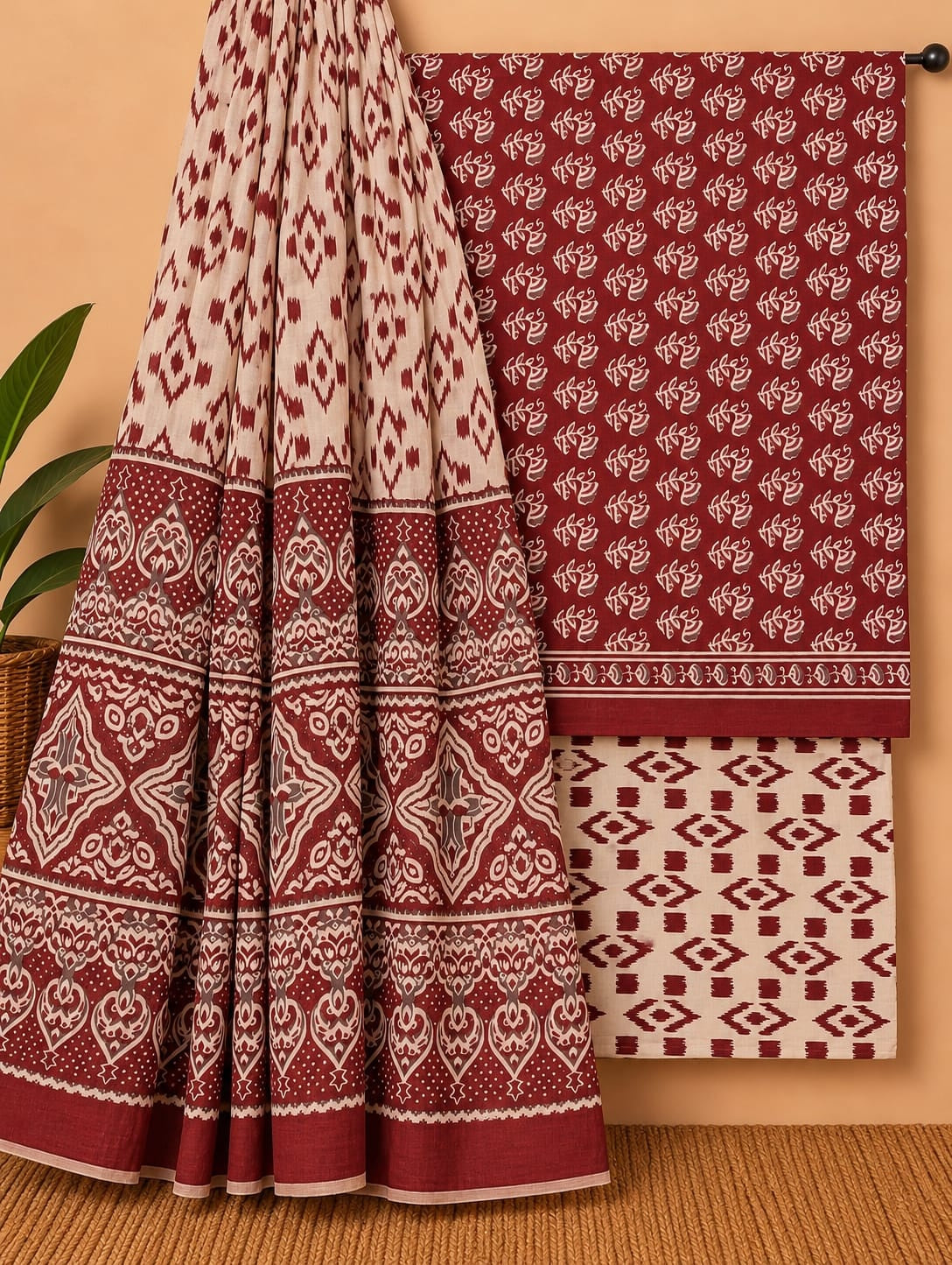 Maroon & Off-White Traditional Print Unstitched Cotton Screen Print Salwar Suit Set with Mul Cotton Dupatta