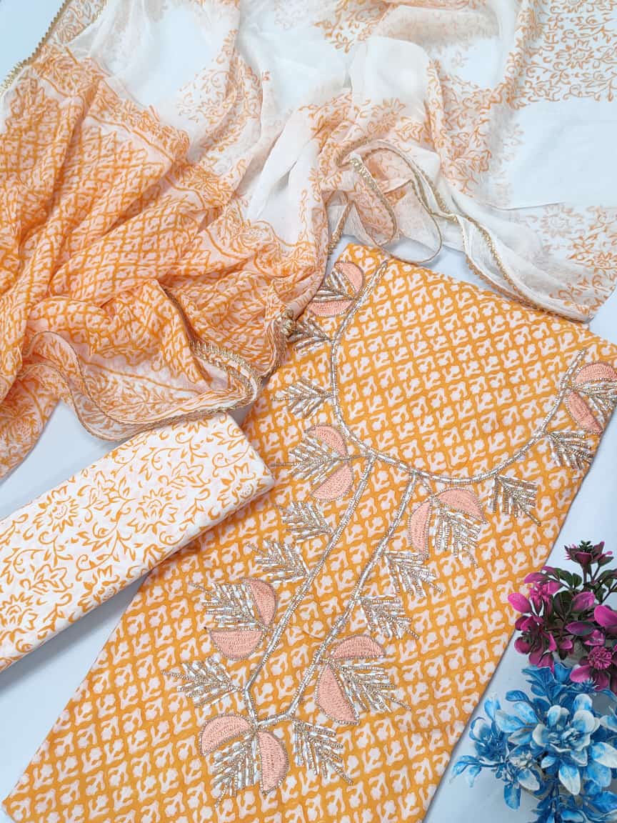 Cotton Gota Patti Neck Work Block Printed Suit Set with Chiffon Dupatta - TSPSGPCHVJ11