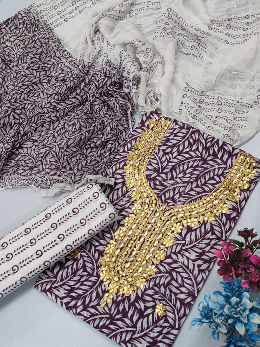 Cotton Gota Patti Neck Work Block Printed Suit Set with Chiffon Dupatta - TSPSGPCHVJ13