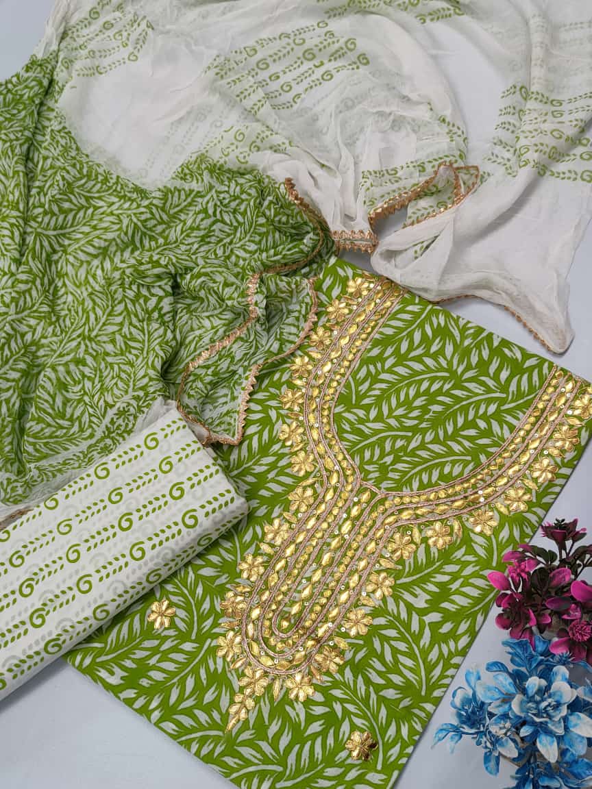 Cotton Gota Patti Neck Work Block Printed Suit Set with Chiffon Dupatta - TSPSGPCHVJ17