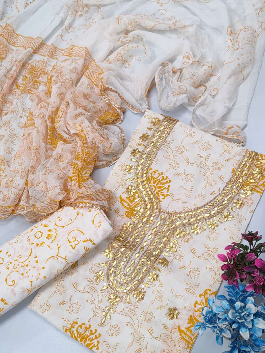 Cotton Gota Patti Neck Work Block Printed Suit Set with Chiffon Dupatta - TSPSGPCHVJ19