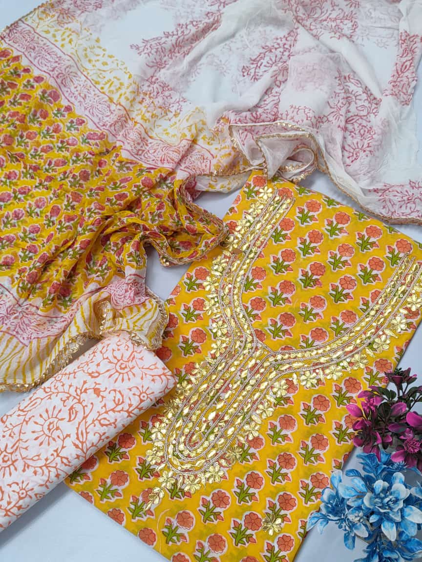 Cotton Gota Patti Neck Work Block Printed Suit Set with Chiffon Dupatta - TSPSGPCHVJ20